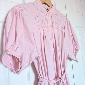 Vintage Pink Puff Sleeve Cotton Dress with Embroidered Yoke. Size M.